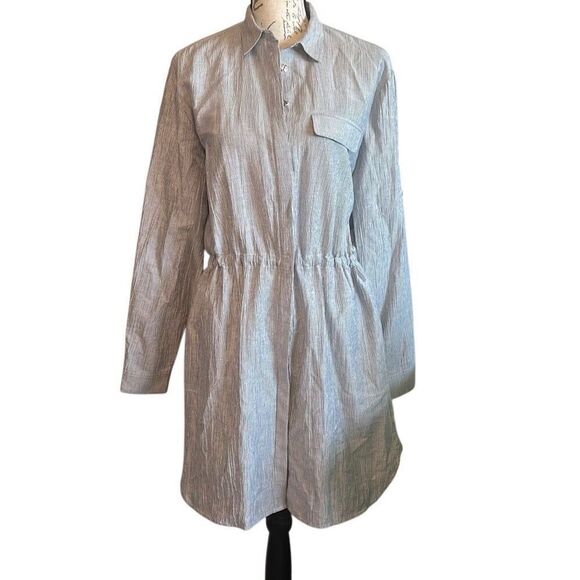 ATM Linen Blend Stripes Cinch Waist Roll Tab Sleeves Shirt Dress M - Picture 1 of 10